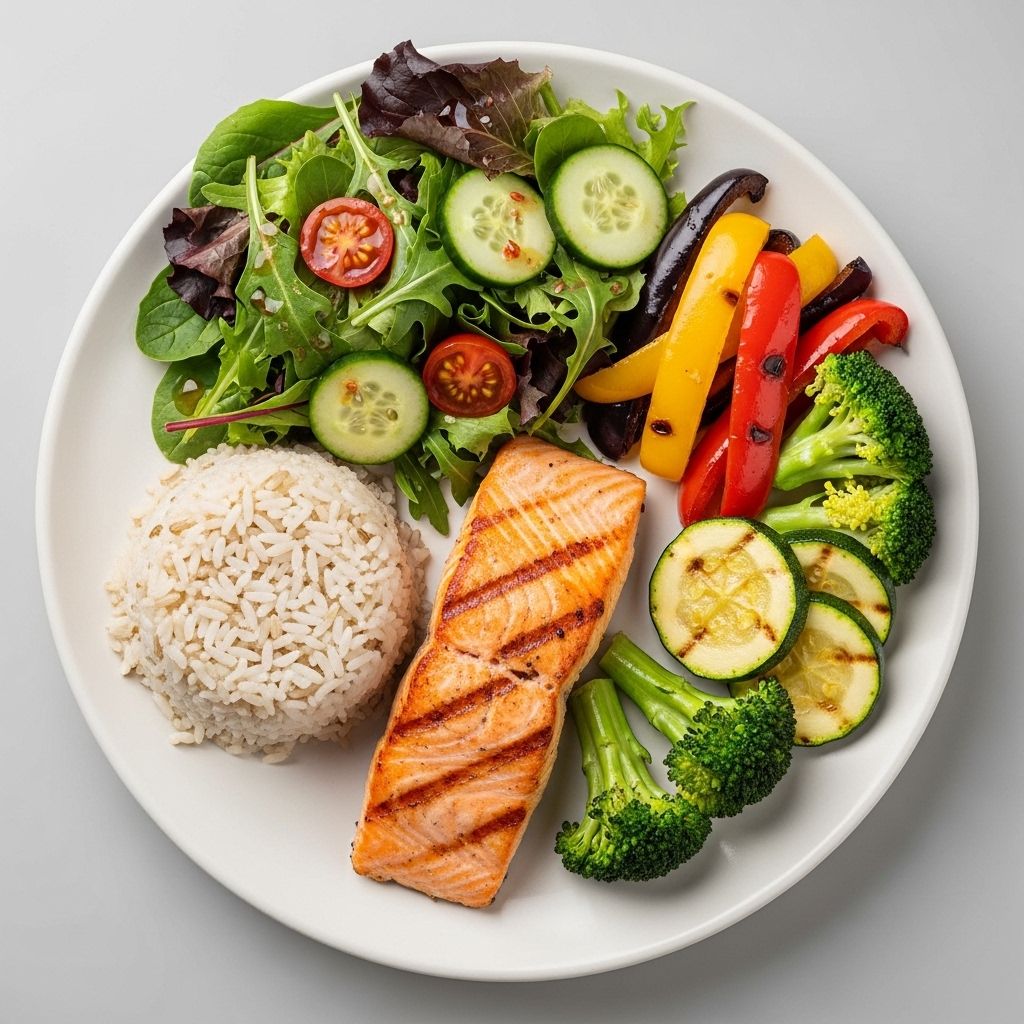 Kolorowy talerz z warzywami, pełnoziarnistym ryżem, chudziutkim białkiem i zieloną sałatką – przykład wizualnie zbilansowanego posiłku na białym talerzu