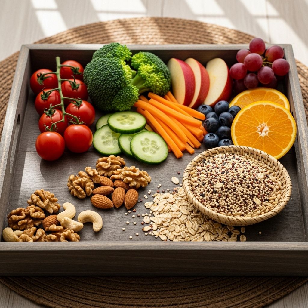 Różnorodne naturalne produkty spożywcze bogate w witaminy i minerały – orzechy, ziarna, warzywa i owoce na drewnianej tacy w naturalnym oświetleniu
