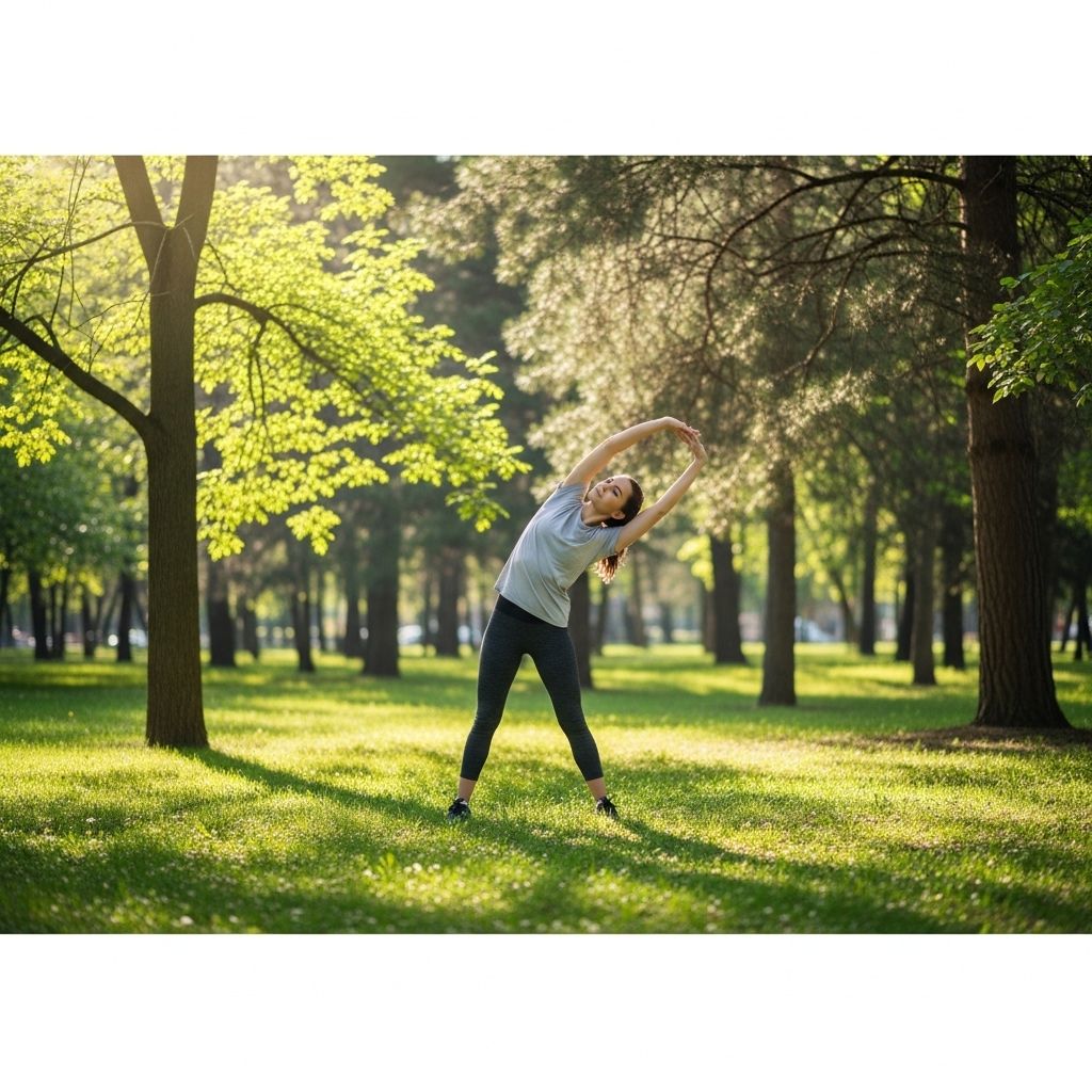 Osoba wykonująca spokojne ćwiczenia rozciągające na świeżym powietrzu w parku otoczonym zielonymi drzewami – aktywność fizyczna o umiarkowanej intensywności