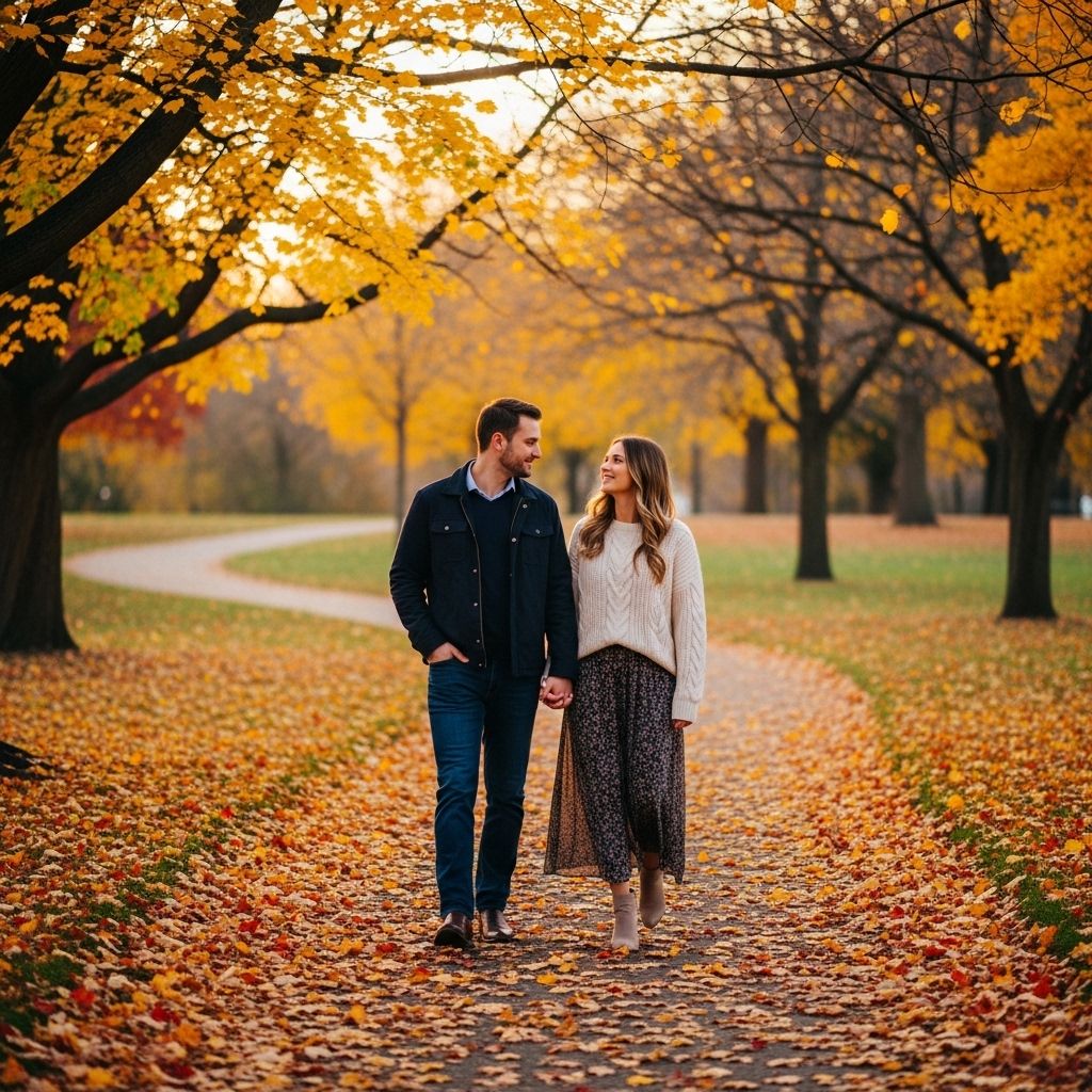 Para spokojnie spacerująca po parku jesienią wśród złotych liści – relaksujący spacer na świeżym powietrzu jako element zdrowego stylu życia