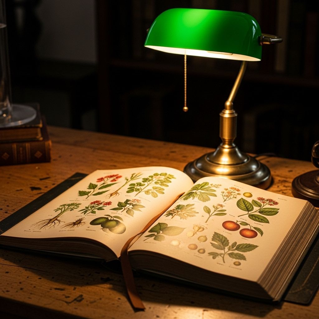 Otwarta stara książka naukowa z ilustracjami botanicznymi roślin jadalnych leżąca na drewnianym biurku w oświetleniu lampy – symbolika weryfikacji wiedzy i edukacji