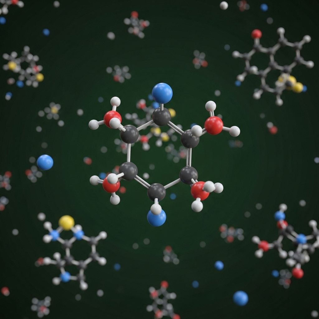 Abstrakcyjna grafika naukowa przedstawiająca strukturę molekularną i kolorowe cząsteczki chemiczne na ciemnozielonym tle – symbolika badań nad składnikami odżywczymi
